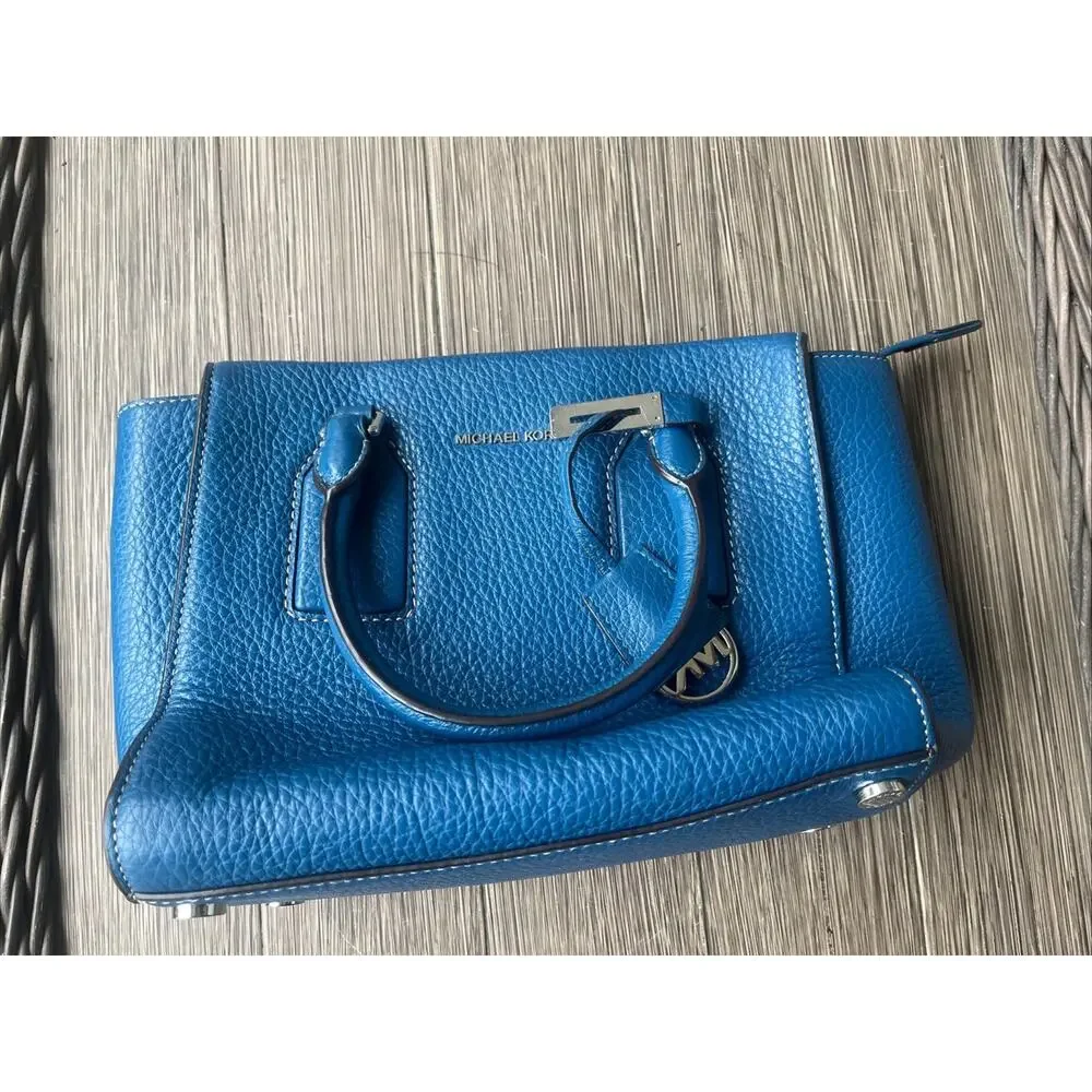 Michael Kors Kellen Saffiano Purse Leather Medium Satchel Crossbody Blue